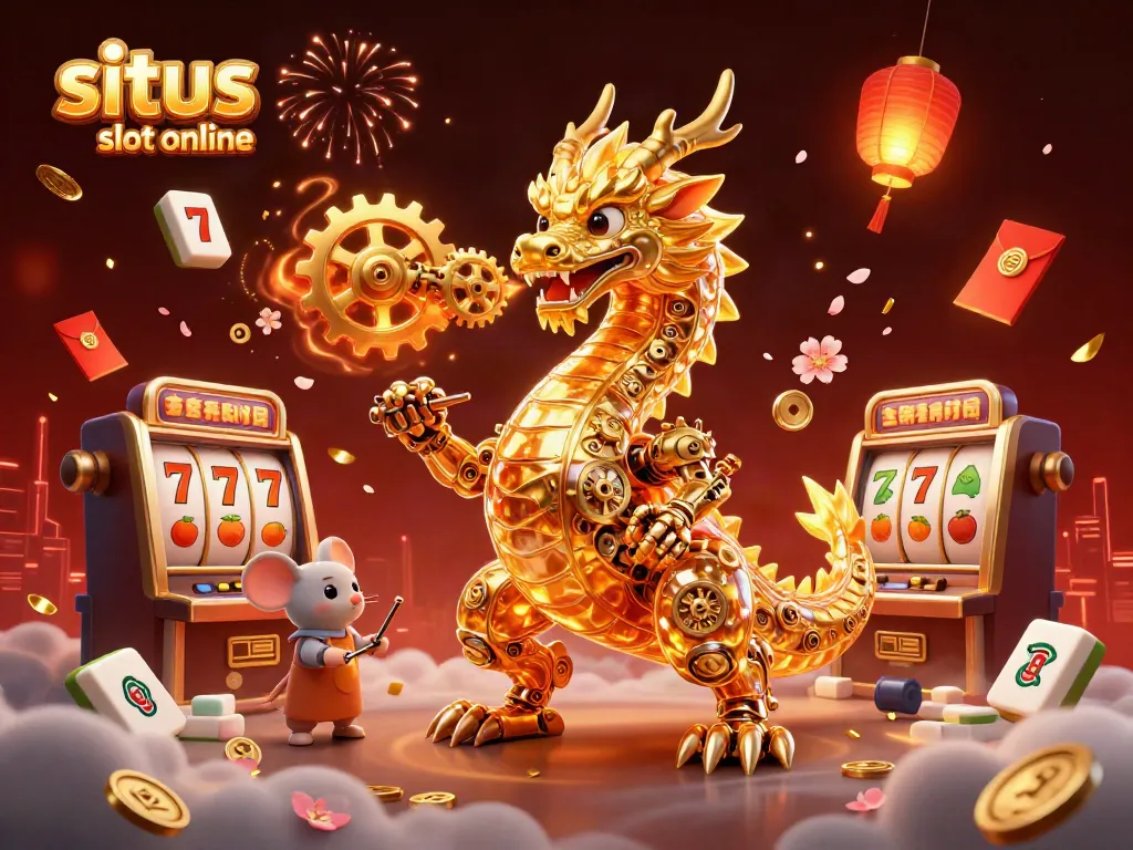 Visualisasikan situs slot online dengan naga emas dan mesin slot yang unik, membawa keberuntungan.