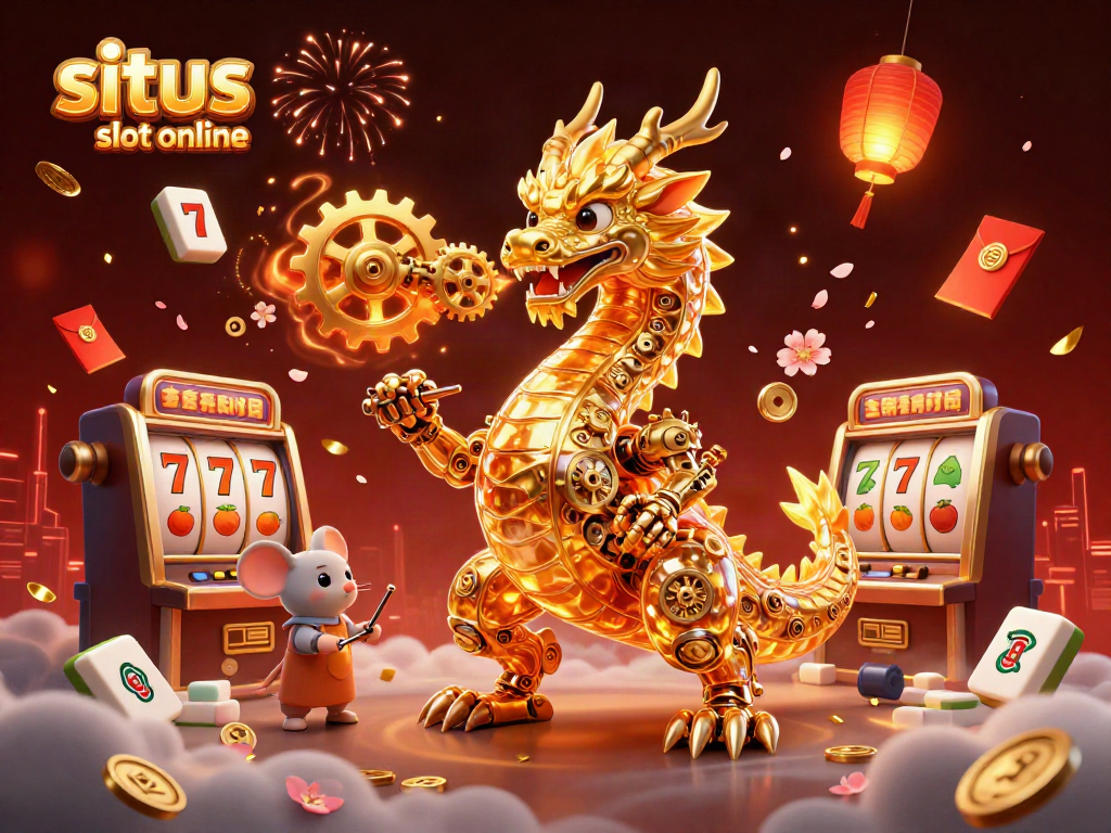 Visualisasikan situs slot online dengan naga emas dan mesin slot yang unik, membawa keberuntungan.