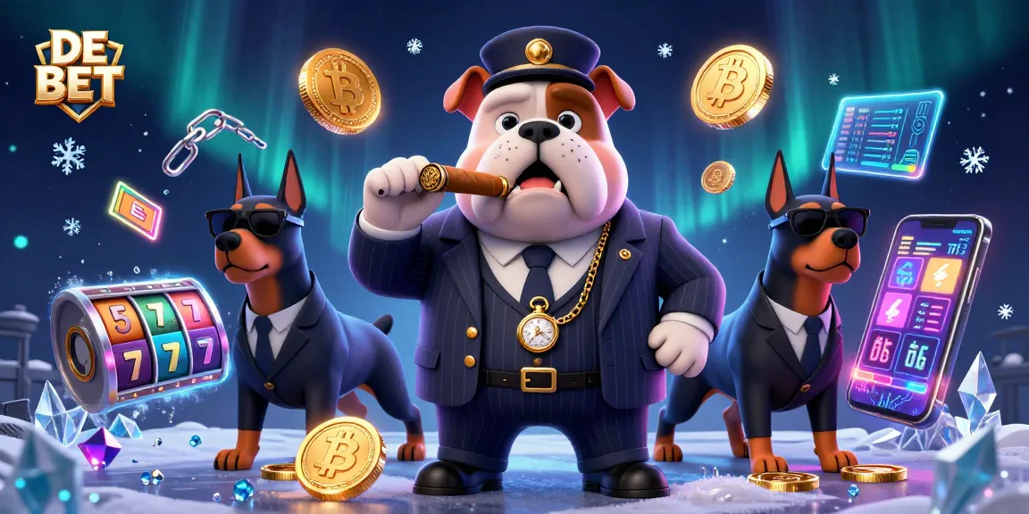 Experience DE BET with a captivating scene of a mafia boss bulldog overseeing slot reels and crypto elements.