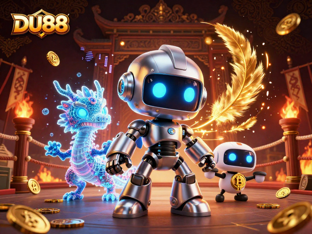 Experience DU88's thrilling casino atmosphere with a cyberpunk robot and dragon amidst golden coins.
