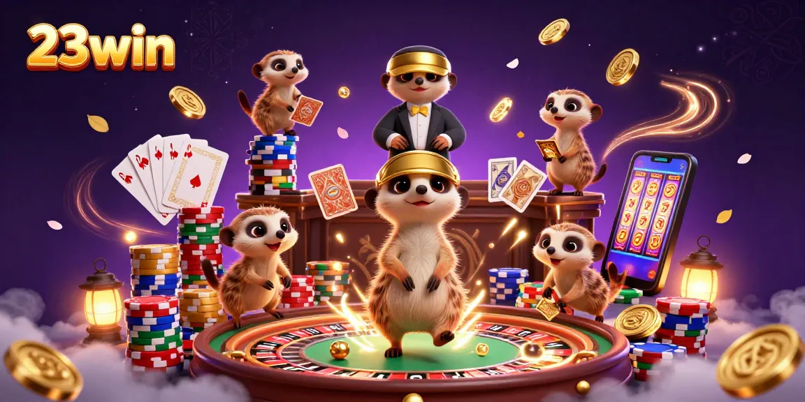 Experience the excitement of 23win with playful meerkats running a lively casino.