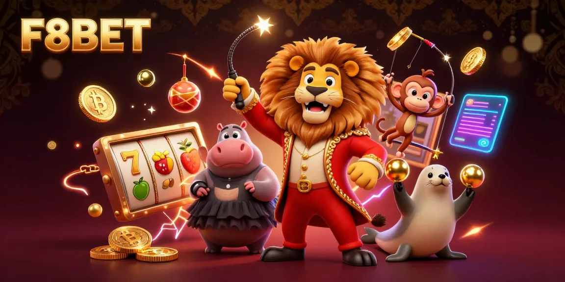 Experience thrilling slots and fun with F8BET as cartoon characters immerse in the casino atmosphere.