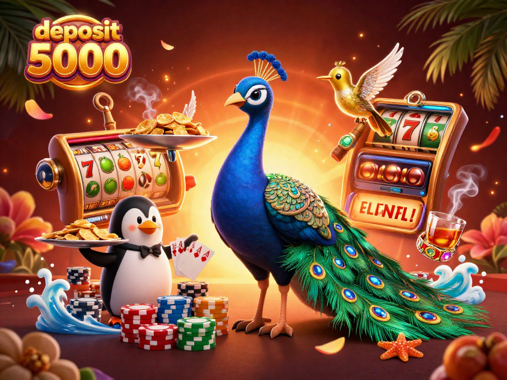 Experience the thrill of deposit 5000 slots with vibrant peacock and classic casino elements.