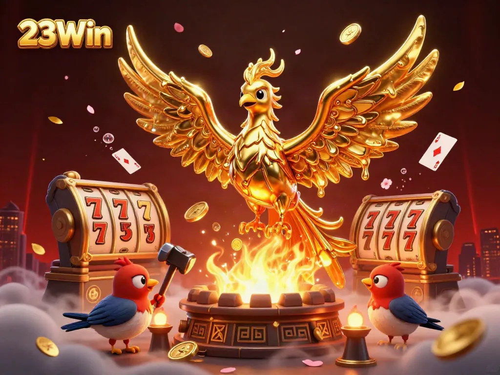 Experience the thrill of 23Win with golden phoenix and slot elements in a vibrant casino scene.
