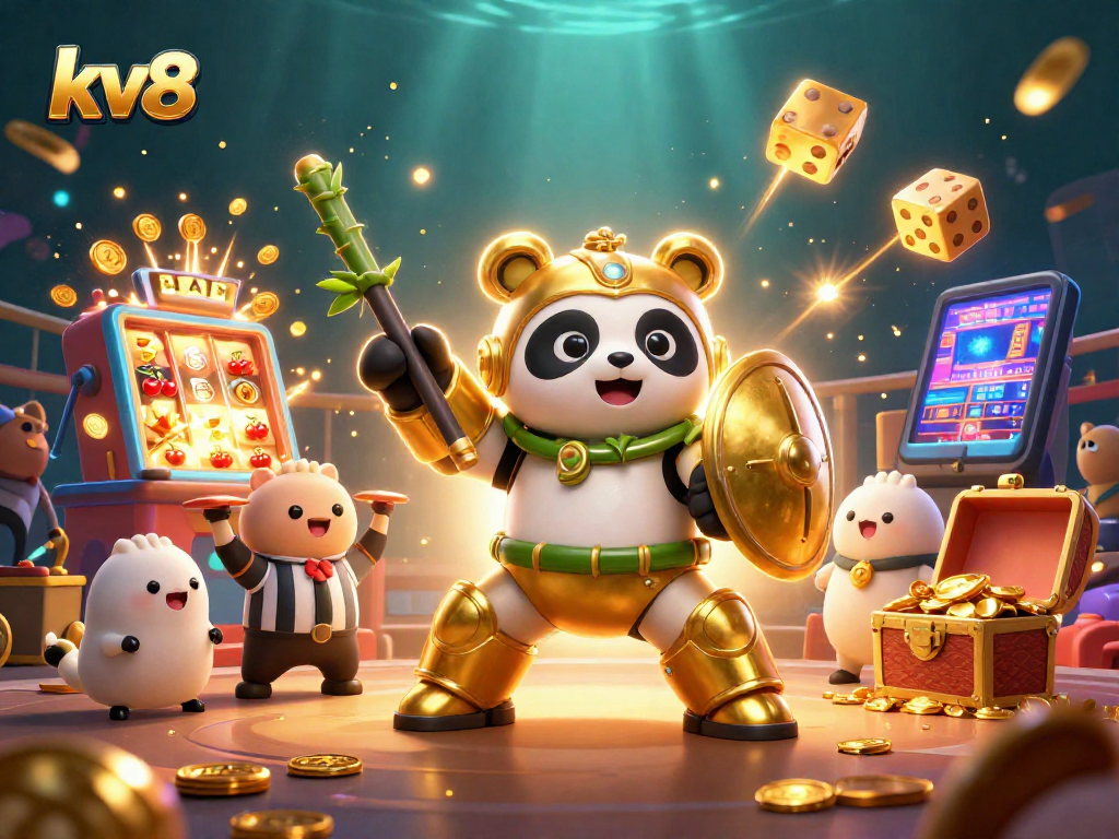 Experience excitement at kv8 with a mech-suit golden panda in a dynamic casino arena.