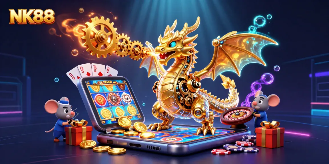 Engage with NK88's vibrant slots and games, featuring lively characters and rich casino elements.
