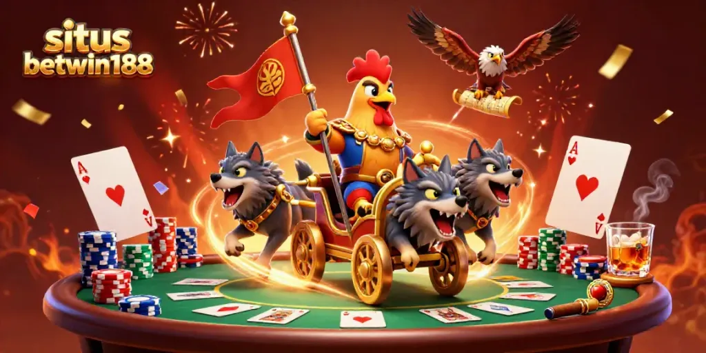 Menggandakan kesenangan di situs betwin188 dengan ilustrasi kartun 3D yang menampilkan karakter dan elemen permainan kasino.