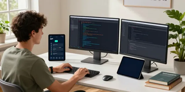 Developer working on 2113 Apps in a bright office with multiple screens.