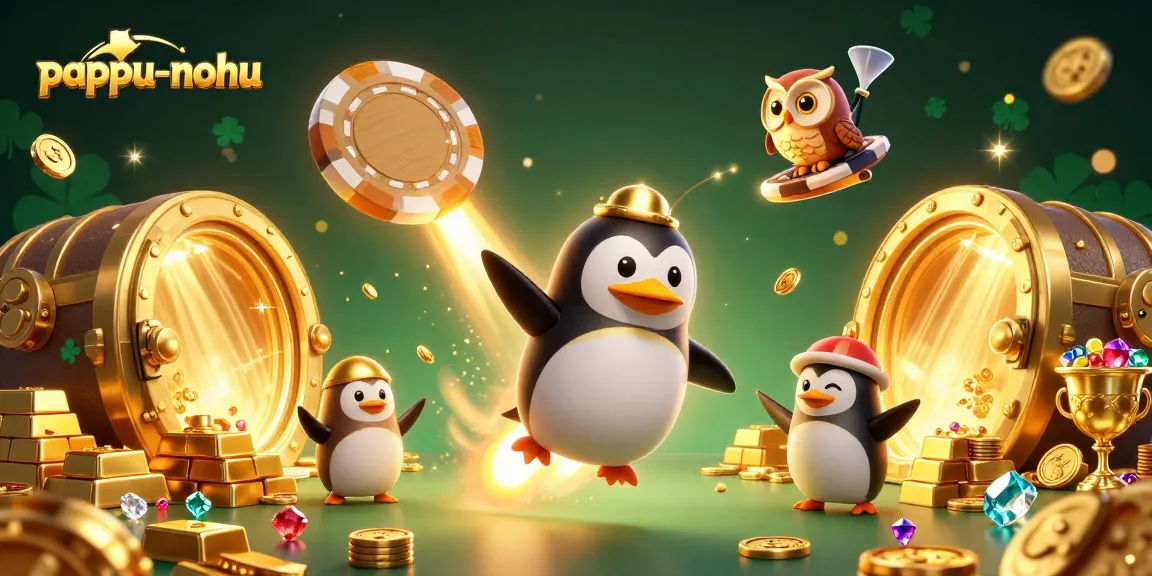 Pappu-nohu's thrilling casino game experience illustrated with a penguin flying towards a poker chip.