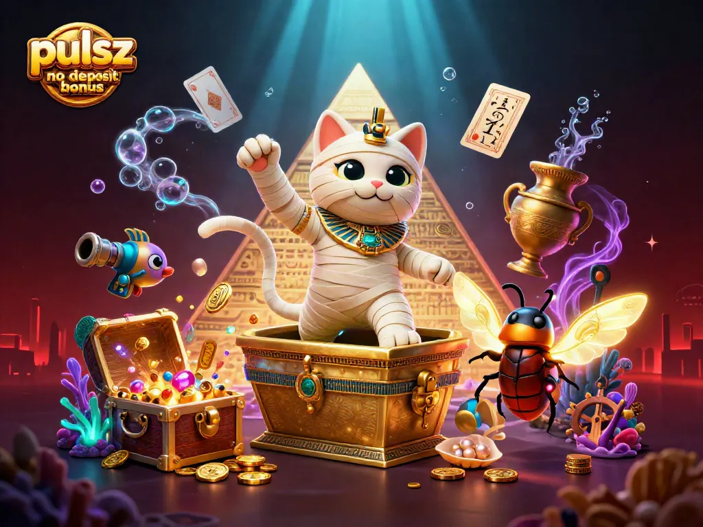 Pulsz casino no deposit bonus animated with Egyptian mummy cat and glowing treasures in a casino.