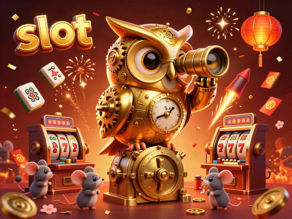 Engaging slot-themed digital art featuring a clockwork owl and mouse patrons at vibrant slot machines.
