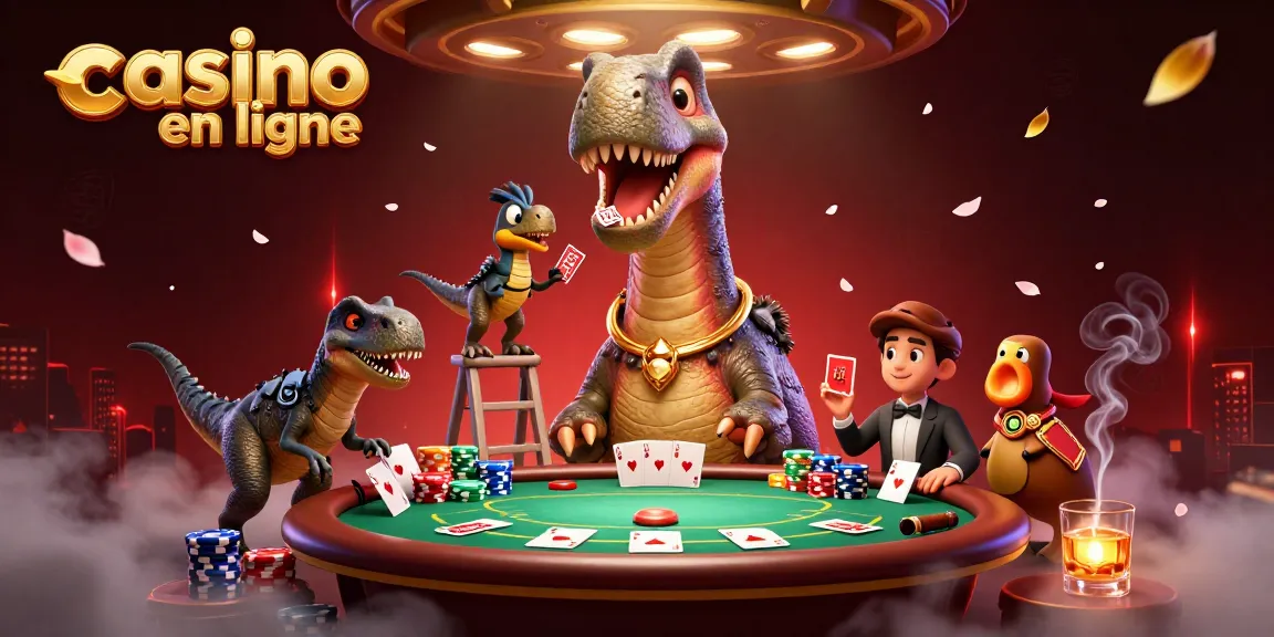 Vivez l'expérience d'un casino en ligne avec un brontosaurus ludique et des cartes de poker animées.