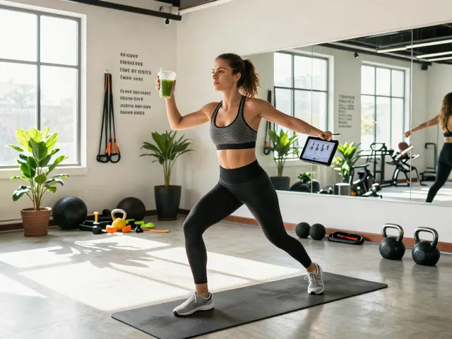 Engaged athlete in a modern fitness studio holds Weight loss peptides canafab smoothie while working out, surrounded by fitness equipment and motivation.