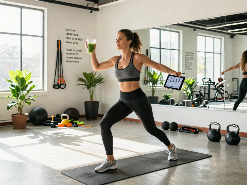 Engaged athlete in a modern fitness studio holds Weight loss peptides canafab smoothie while working out, surrounded by fitness equipment and motivation.