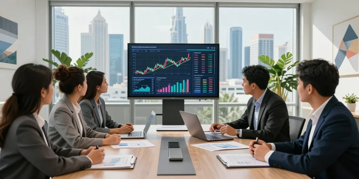Accounting firms in UAE team collaboration in a modern office, showcasing diverse professionals discussing financial strategies.