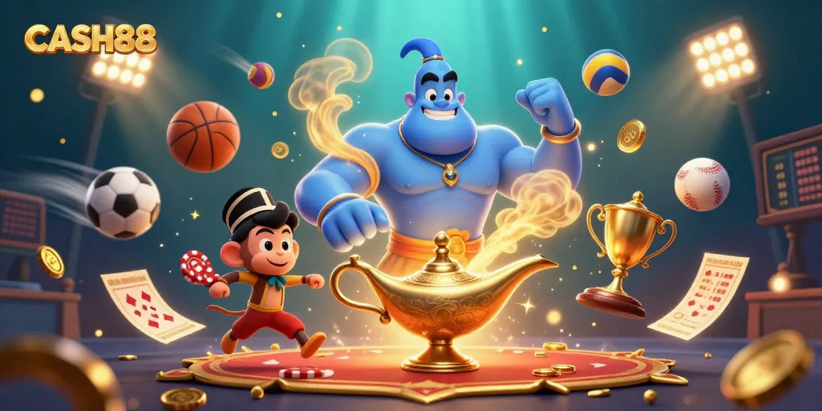 Engage with CASH88's vibrant casino illustration featuring a genie's jackpot magic and sports excitement.