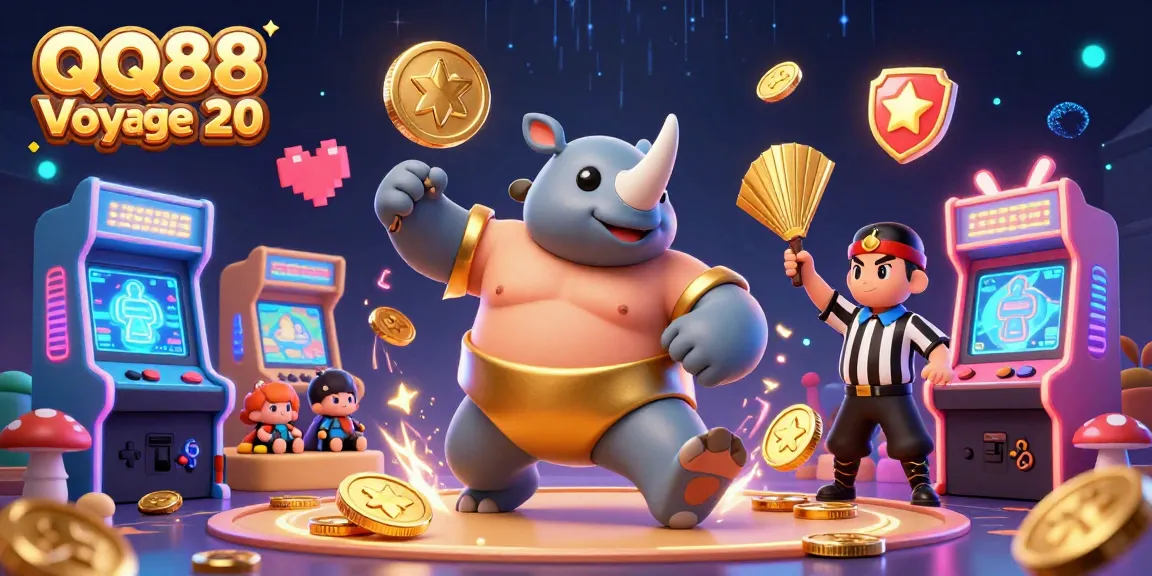 Experience the gaming action with QQ88 Voyage 20 as the sumo beetle champion storms a colorful arcade.