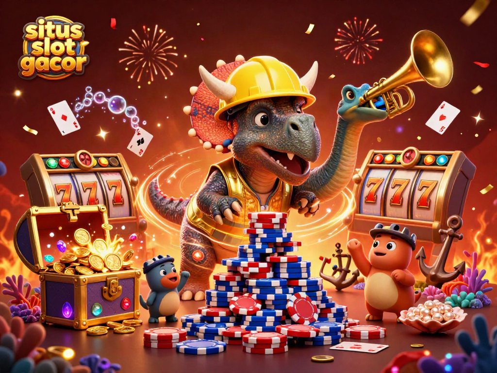 Situs slot gacor featuring a triceratops and parasaurolophus celebrating around poker chips
