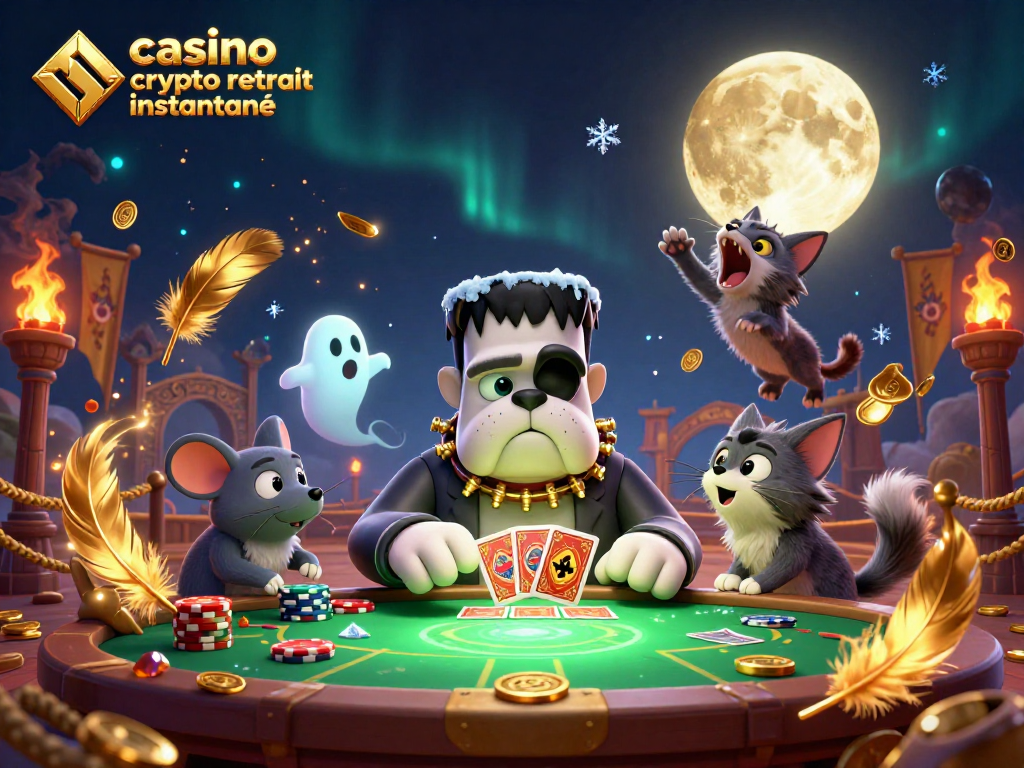 Gagnez rapidement avec un casino crypto retrait instantané dans une illustration dynamique d'un bulldog Frankenstein et des éléments de jeux