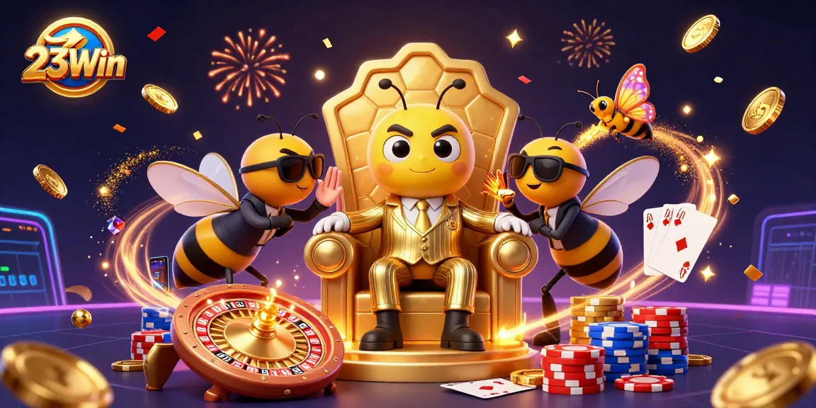 Experience 23Win’s thrilling gambling world with a cartoon bumblebee mob boss surrounded by riches.
