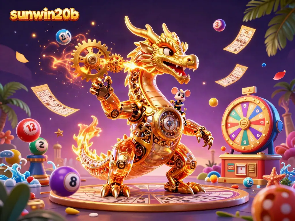 Engage with sunwin20b through vibrant game visuals featuring a golden dragon breathing gears and lottery elements.
