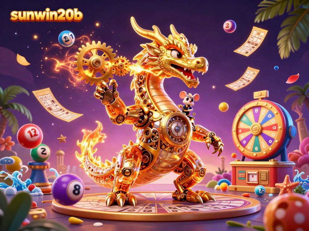 Engage with sunwin20b through vibrant game visuals featuring a golden dragon breathing gears and lottery elements.