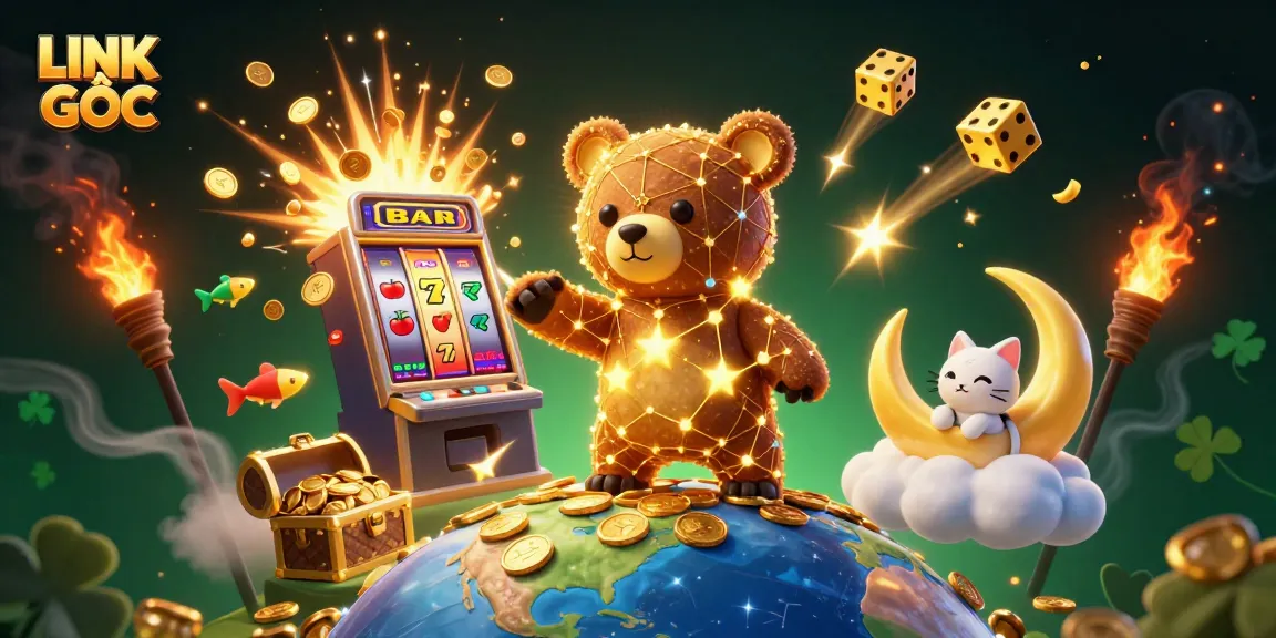 Engage in LINK GỐC gameplay with golden stars and coins amidst vibrant casino elements.