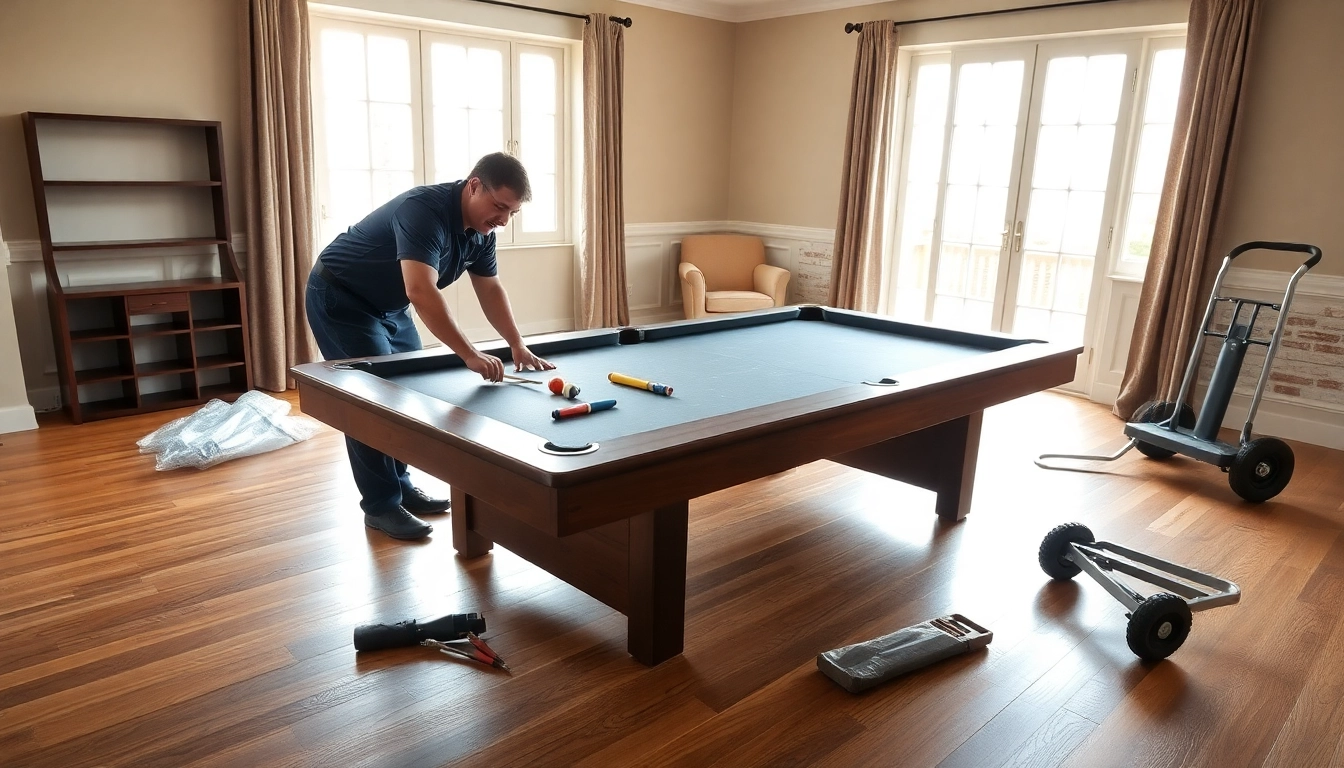Pool table mover professionally disassembling a slate table in a bright living room.