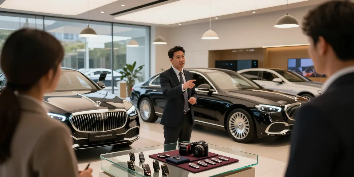 Showroom menampilkan mobil mewah LUXURY 777 dengan pencahayaan elegan dan suasana mewah.