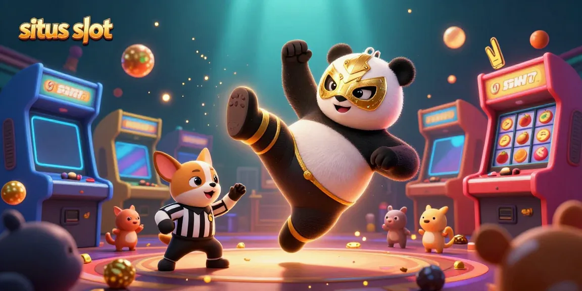 Ilustrasi 3D situs slot dengan panda pegulat melakukan tendangan sambil dikelilingi mesin permainan.