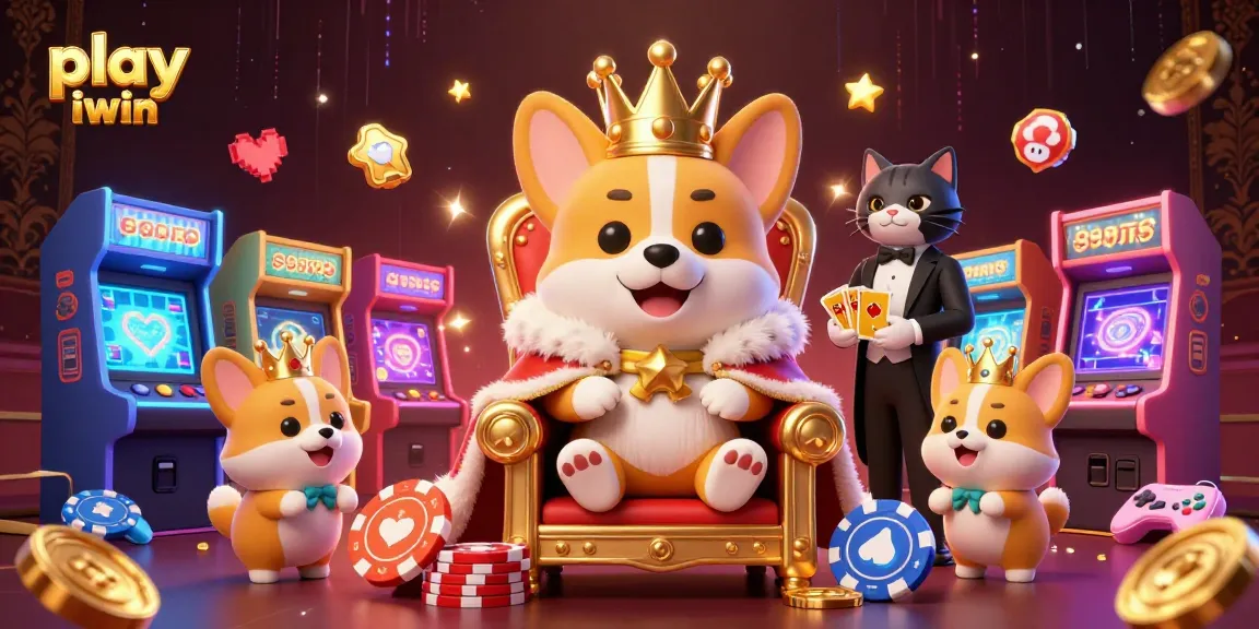 Play iwin with a whimsical 3D illustration of a royal corgi and casino elements enhancing gaming excitement.