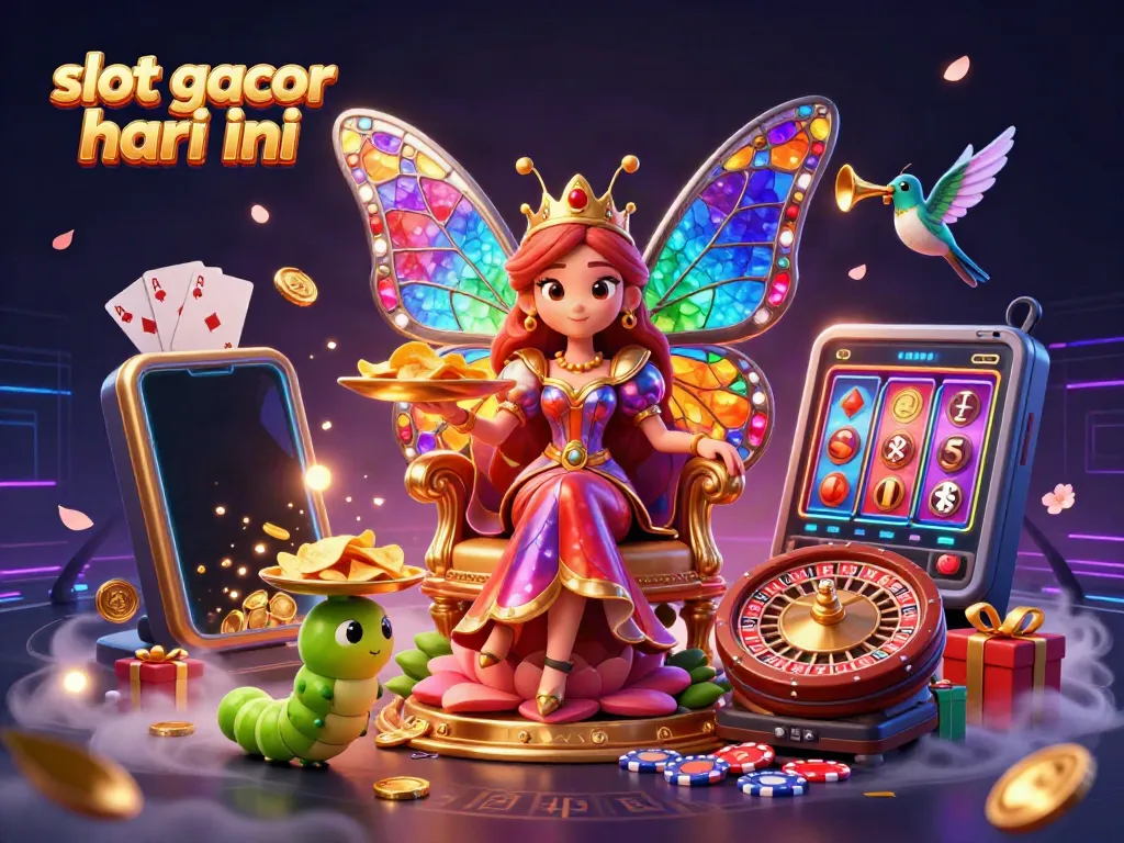 Engage in thrilling action with "slot gacor hari ini," visualizing a butterfly queen surrounded by vibrant slot game elements.