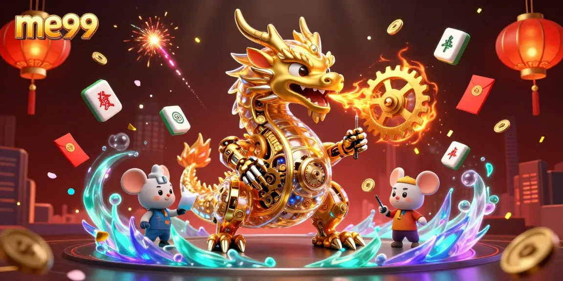 Experience the excitement of me99 with a golden dragon amidst a dynamic casino scene.