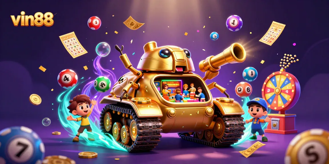 Experience thrilling gameplay at vin88 with a vibrant scene of lottery balls and festive casino elements.