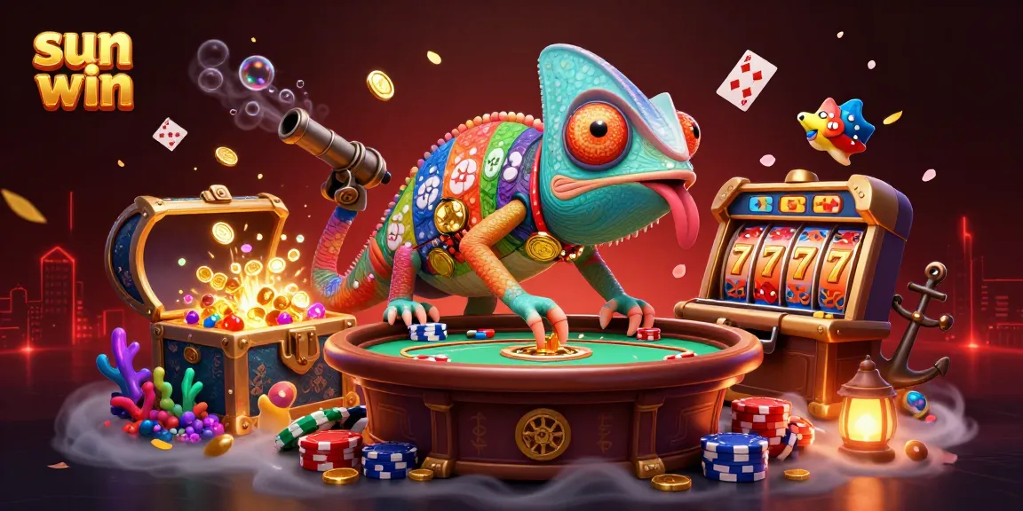 Sparkling sun win casino scene with a chameleon owner amidst vibrant game elements.