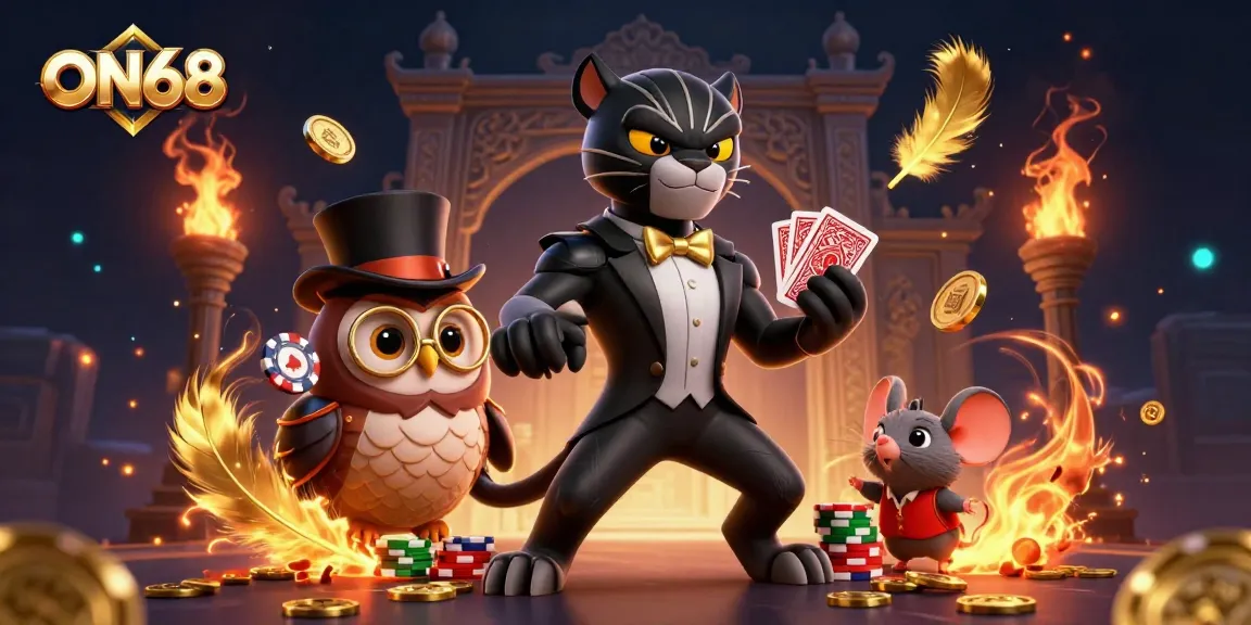 Experience high-stakes gaming at ON68 with a stylish panther dealing cards amidst sparkling casino elements.