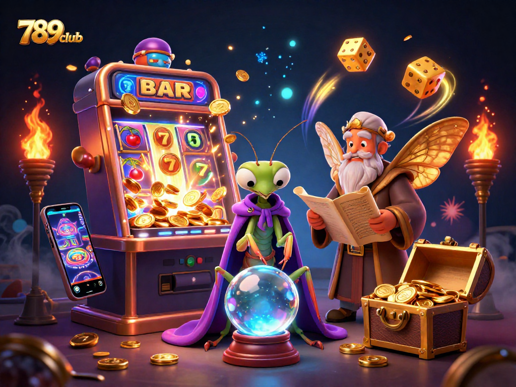 Engage with 789club's vibrant 3D casino illustration showcasing thrilling slot machine excitement.