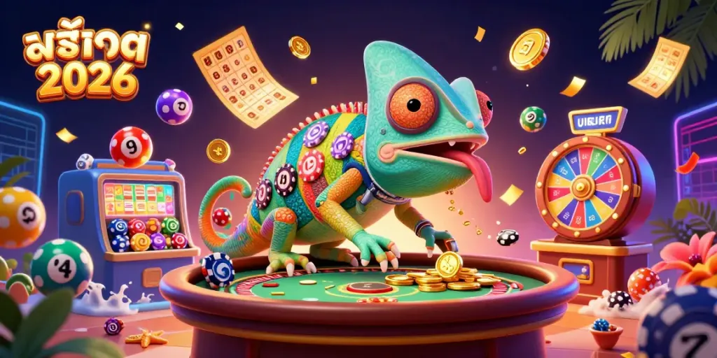 Experience exciting gameplay with สล็อต 2026 featuring a vibrant chameleon casino owner amidst dynamic lottery elements.