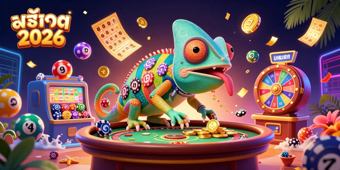 Experience exciting gameplay with สล็อต 2026 featuring a vibrant chameleon casino owner amidst dynamic lottery elements.