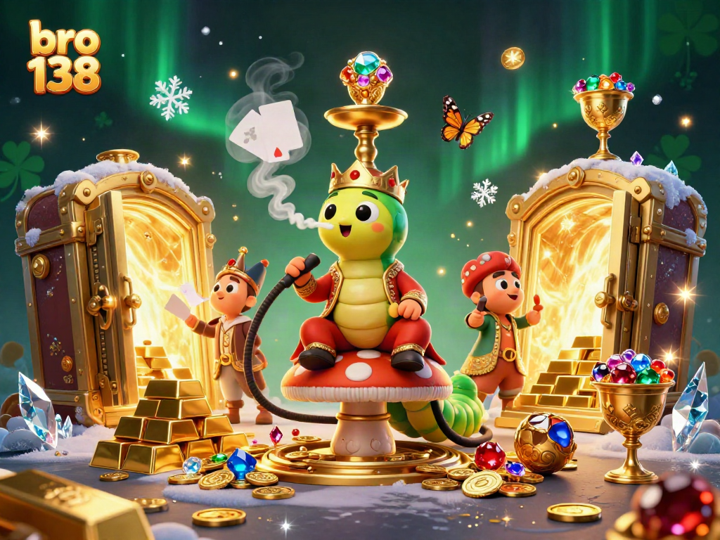 Engage with the bro 138 gaming universe featuring a whimsical caterpillar sultan amidst riches.
