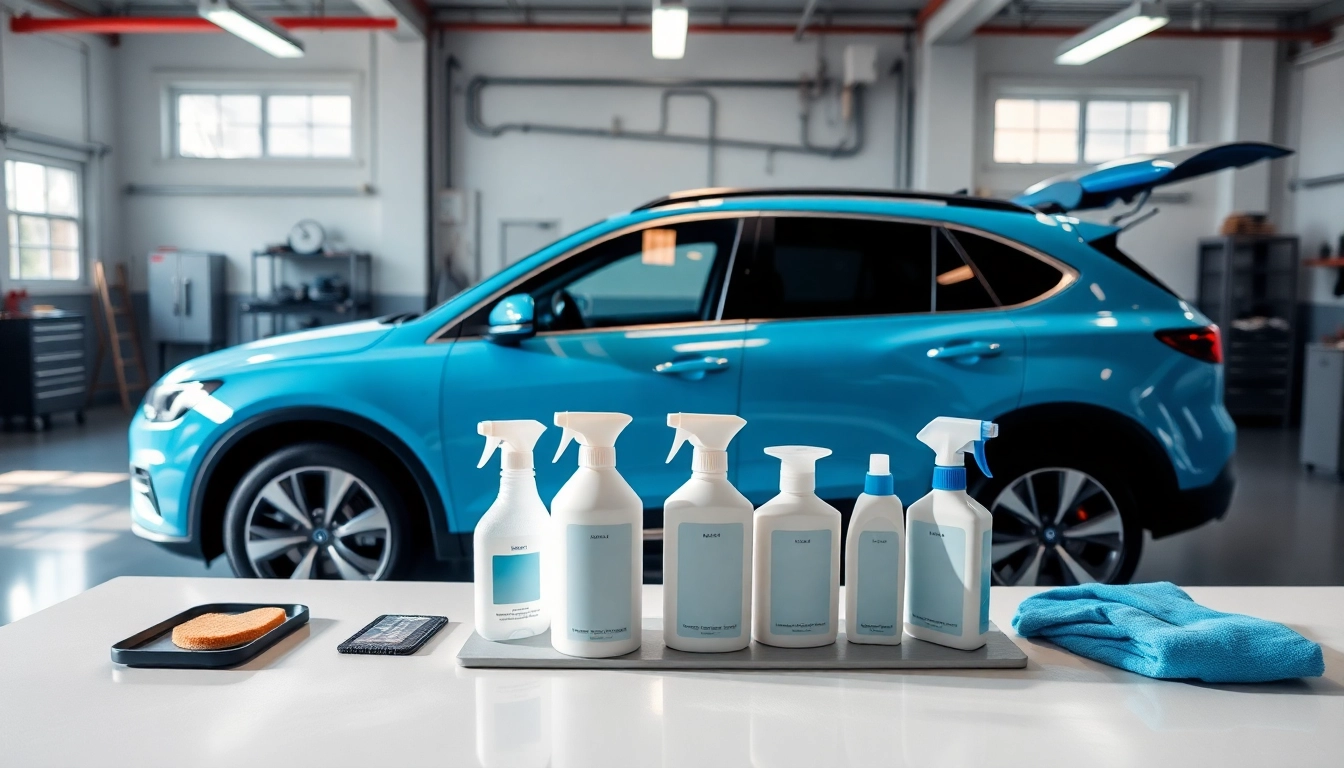 Detailing a car following a car detailing routine step by step with organized cleaning products.