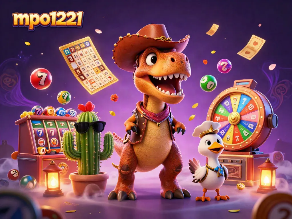 Engage with mpo1221 as a colorful dinosaur and friends explore vibrant casino elements.