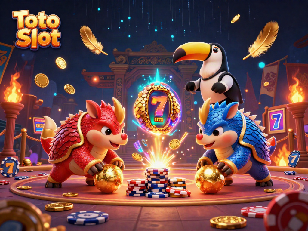 Permainan Toto Slot dengan pangolin, bendera, dan koin emas dalam arena penuh warna.