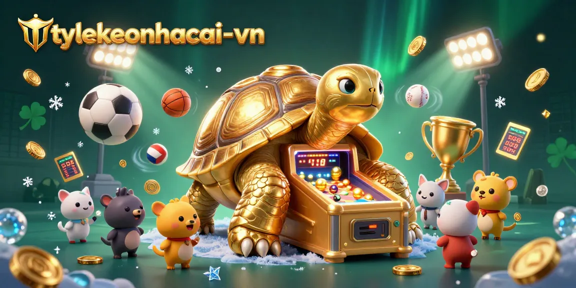 Engage with the exciting arcade atmosphere at tylekeonhacai-vn featuring a dynamic scene with a golden tortoise pinball machine.