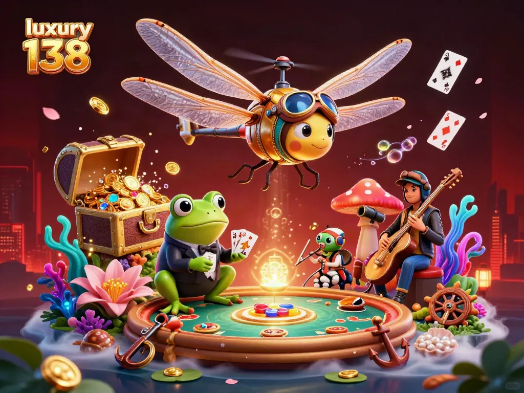 Experience luxury 138 with a vibrant casino scene featuring a dragonfly pilot, frog croupier, and lively jazz musicians.