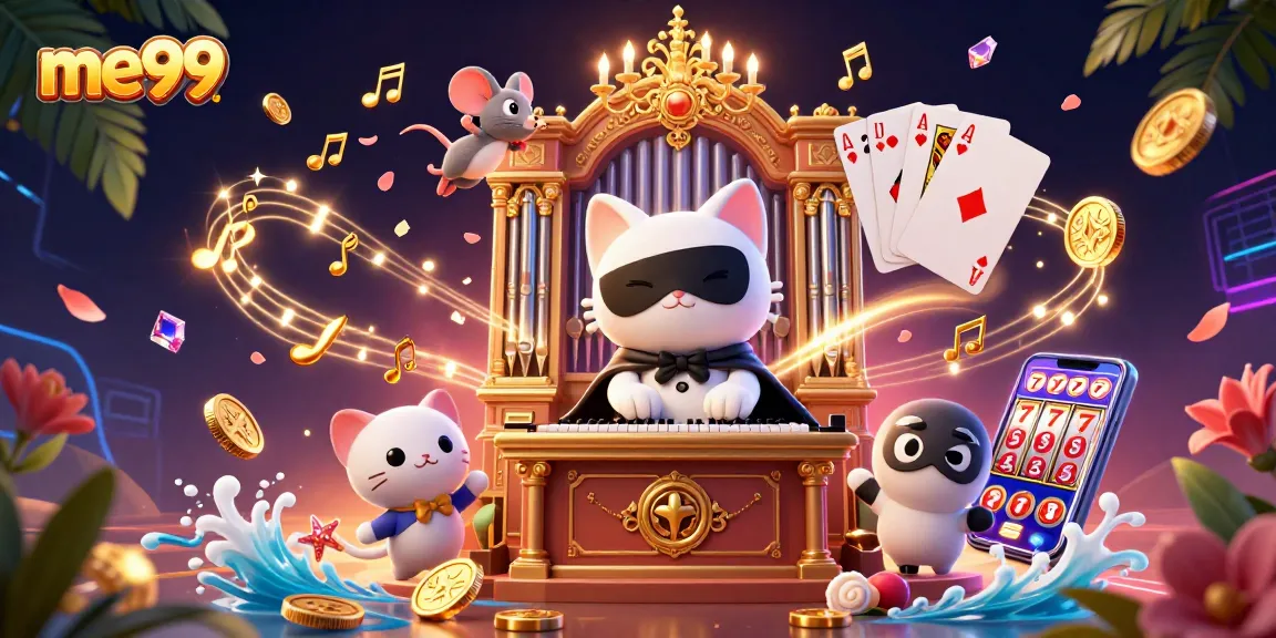 Play exciting games at me99 casino, featuring a vibrant scene of a white cat playing organ amidst casino elements.