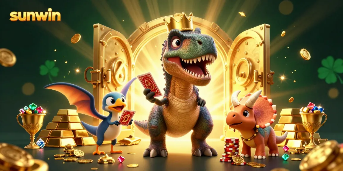 Experience thrilling gameplay with sunwin featuring a T-Rex dealing cards and exciting casino elements.