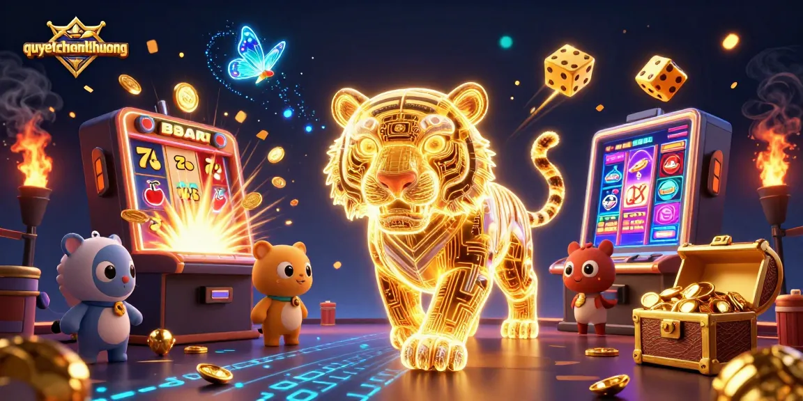 Engage in thrilling gameplay with quyetchientienthuong as the golden tiger navigates through a vibrant digital casino landscape.