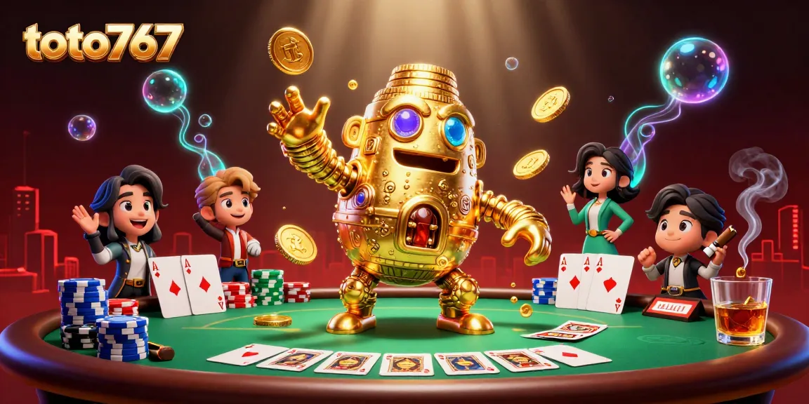 Menangkan permainan di toto767 dengan golem emas berkilau dan tumpukan chip poker yang banyak.