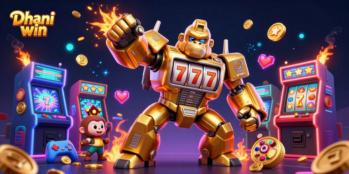 Dive into the exciting Dhani win gaming experience with a vibrant golden gorilla mech and arcade elements.